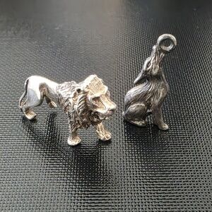 VTG 925 Silver 1" Howling Wolf Charm & Mini 3D Lion Figure Statue Lot Bundle